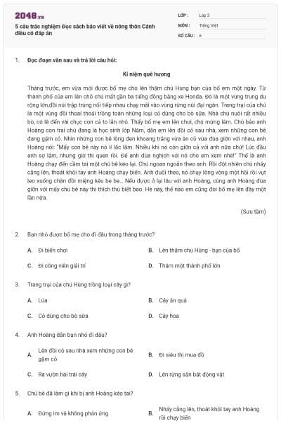 5 câu trắc nghiệm Đọc sách báo viết về nông thôn Cánh diều có đáp án