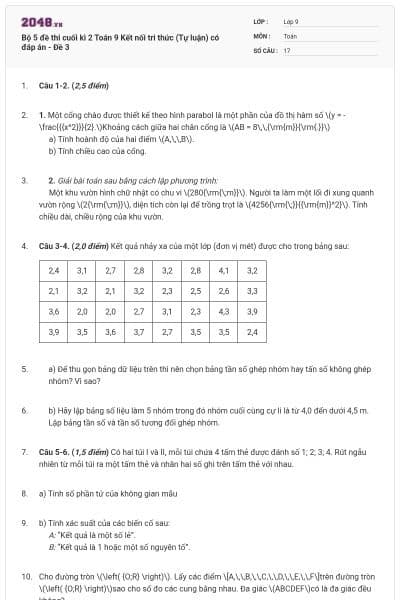 Bộ 5 đề thi cuối kì 2 Toán 9 Kết nối tri thức (Tự luận) có đáp án - Đề 3
