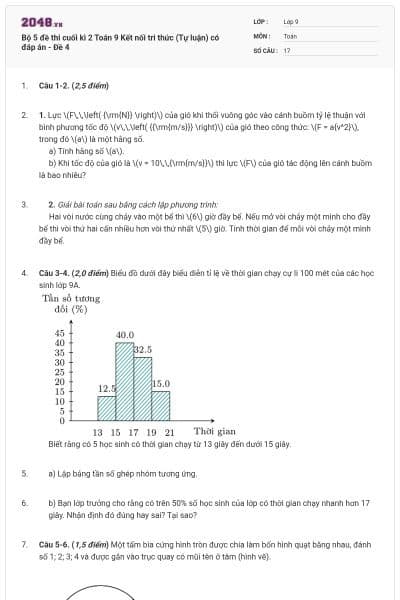 Bộ 5 đề thi cuối kì 2 Toán 9 Kết nối tri thức (Tự luận) có đáp án - Đề 4