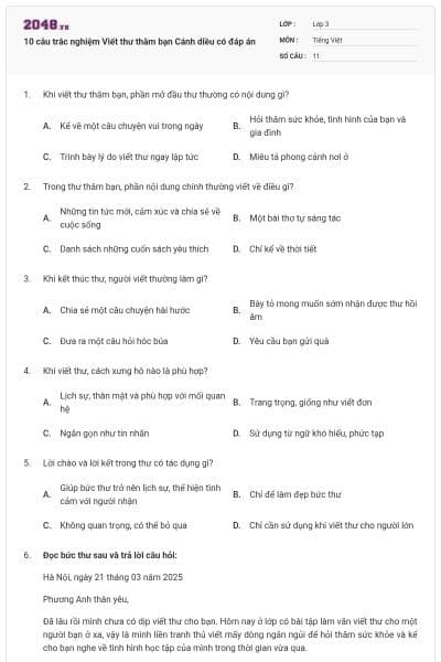 10 câu trắc nghiệm Viết thư thăm bạn Cánh diều có đáp án