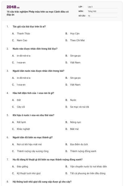 16 câu trắc nghiệm Phép mầu trên sa mạc Cánh diều có đáp án