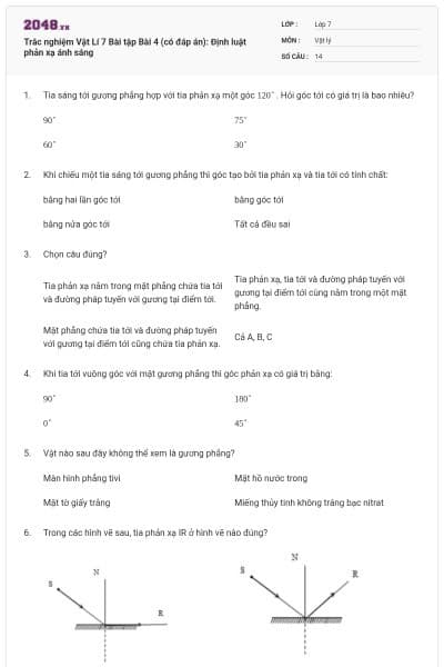 Trắc nghiệm Vật Lí 7 Bài tập Bài 4 (có đáp án): Định luật phản xạ ánh sáng