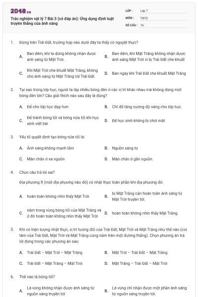 Trắc nghiệm vật lý 7 Bài 3 (có đáp án): Ứng dụng định luật truyền thẳng của ánh sáng