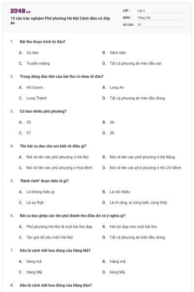 15 câu trắc nghiệm Phố phường Hà Nội Cánh diều có đáp án