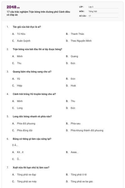 17 câu trắc nghiệm Trận bóng trên đường phố Cánh diều có đáp án