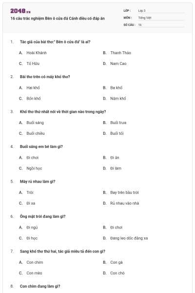 16 câu trắc nghiệm Bên ô cửa đá Cánh diều có đáp án