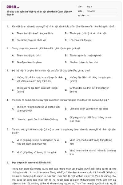 10 câu trắc nghiệm Viết về nhân vật yêu thích Cánh diều có đáp án