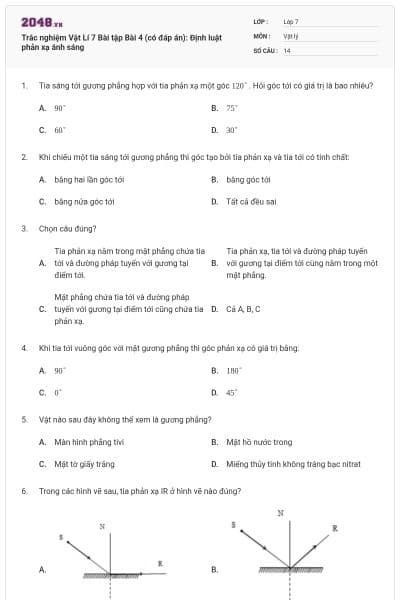 Trắc nghiệm Vật Lí 7 Bài tập Bài 4 (có đáp án): Định luật phản xạ ánh sáng