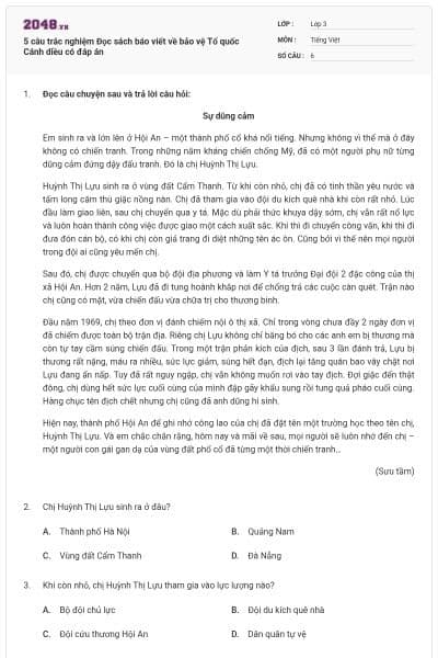 5 câu trắc nghiệm Đọc sách báo viết về bảo vệ Tổ quốc Cánh diều có đáp án