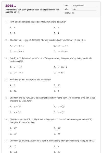 30 Đề thi thử thpt quốc gia môn Toán có lời giải chi tiết mới nhất (Đề số 11)