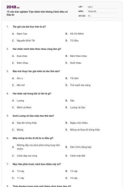 15 câu trắc nghiệm Trận đánh trên không Cánh diều có đáp án