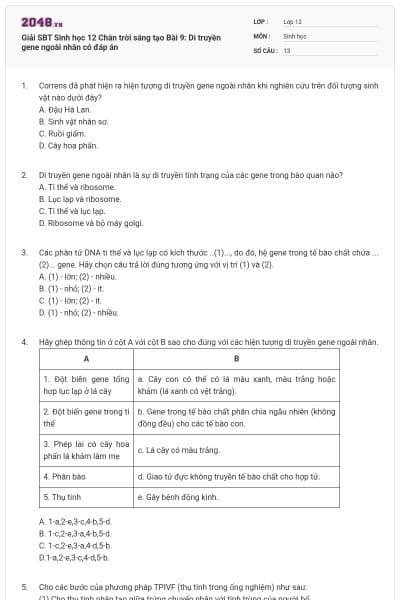 Giải SBT Sinh học 12 Chân trời sáng tạo Bài 9: Di truyền gene ngoài nhân có đáp án