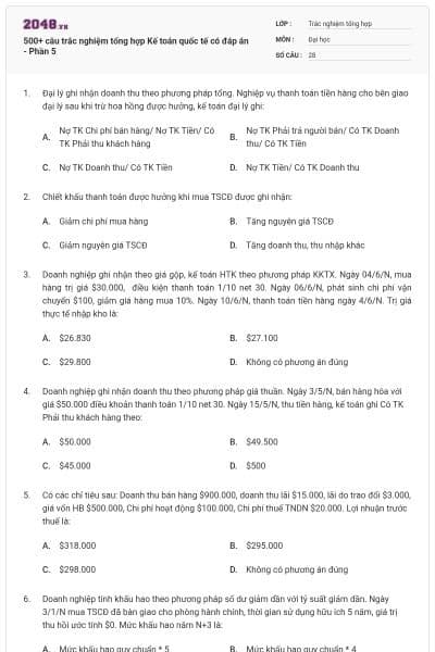 500+ câu trắc nghiệm tổng hợp Kế toán quốc tế có đáp án - Phần 5