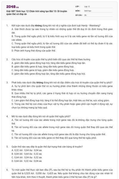 Giải SBT Sinh học 12 Chân trời sáng tạo Bài 13: Di truyền quần thể có đáp án