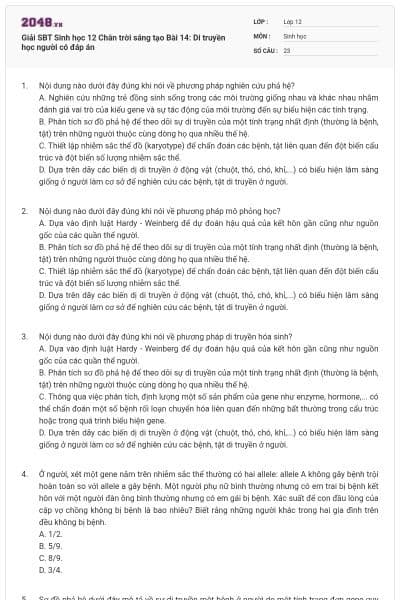 Giải SBT Sinh học 12 Chân trời sáng tạo Bài 14: Di truyền học người có đáp án