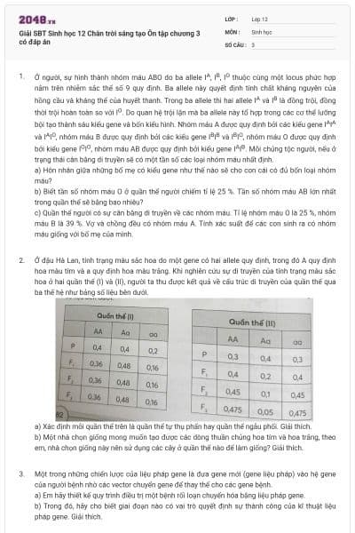 Giải SBT Sinh học 12 Chân trời sáng tạo Ôn tập chương 3 có đáp án