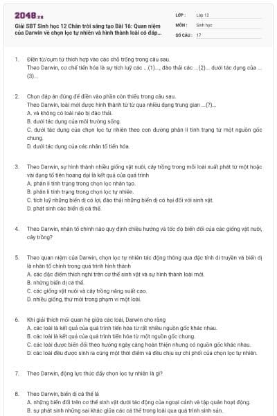 Giải SBT Sinh học 12 Chân trời sáng tạo Bài 16: Quan niệm của Darwin về chọn lọc tự nhiên và hình thành loài có đáp án