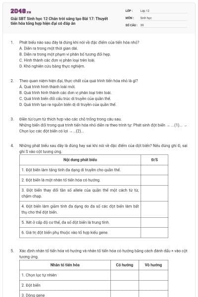 Giải SBT Sinh học 12 Chân trời sáng tạo Bài 17: Thuyết tiến hóa tổng hợp hiện đại có đáp án