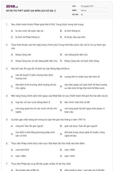 ĐỀ ÔN THI THPT QUỐC GIA MÔN LỊCH SỬ (Đề 1)