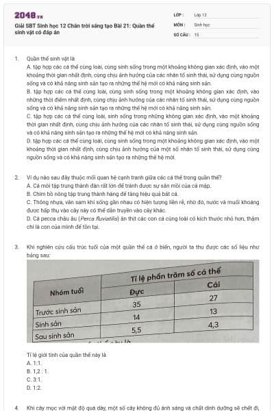Giải SBT Sinh học 12 Chân trời sáng tạo Bài 21: Quần thể sinh vật có đáp án