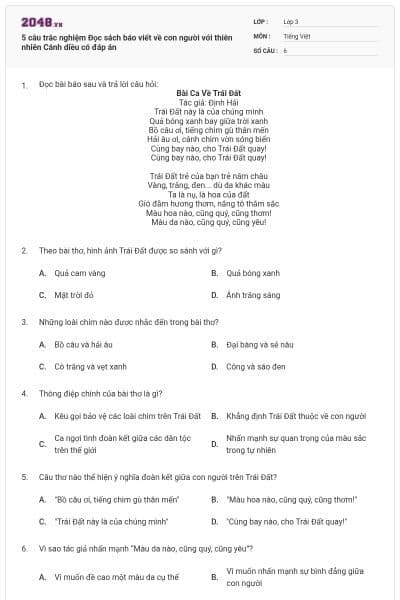 5 câu trắc nghiệm Đọc sách báo viết về con người với thiên nhiên Cánh diều có đáp án
