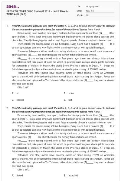 ĐỀ THI THỬ THPT QUỐC GIA NĂM 2019 – LẦN 2 Môn thi: TIẾNG ANH (Đề 3)