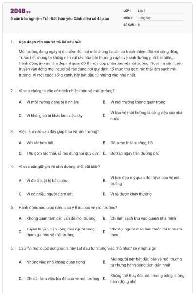 5 câu trắc nghiệm Trái Đất thân yêu Cánh diều có đáp án