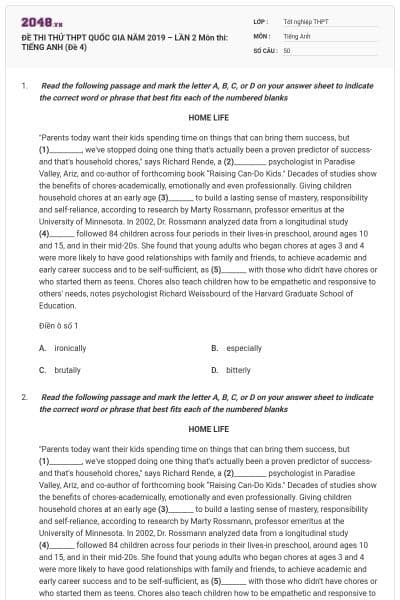 ĐỀ THI THỬ THPT QUỐC GIA NĂM 2019 – LẦN 2 Môn thi: TIẾNG ANH (Đề 4)