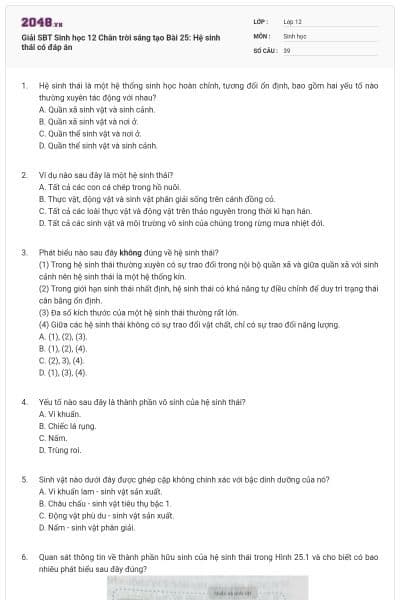 Giải SBT Sinh học 12 Chân trời sáng tạo Bài 25: Hệ sinh thái có đáp án