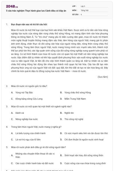 5 câu trắc nghiệm Thực hành giao lưu Cánh diều có đáp án