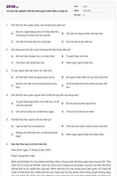 10 câu trắc nghiệm Viết thư làm quen Cánh diều có đáp án