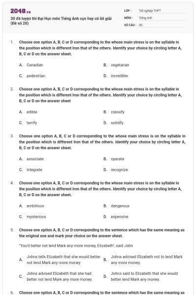 30 đề luyện thi Đại Học môn Tiếng Anh cực hay có lời giải (Đề số 26)