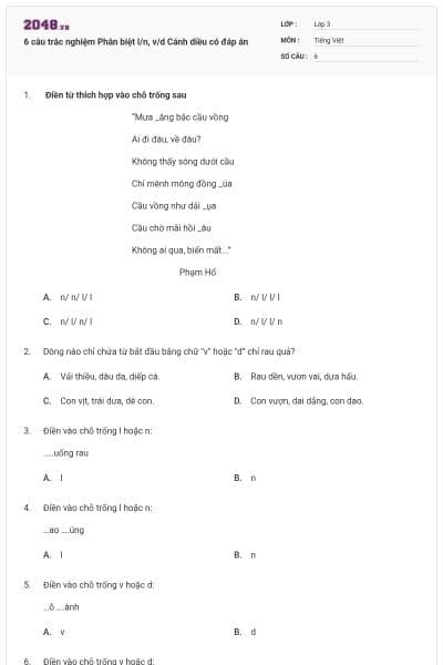 6 câu trắc nghiệm Phân biệt l/n, v/d Cánh diều có đáp án