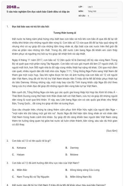 5 câu trắc nghiệm Em đọc sách báo Cánh diều có đáp án