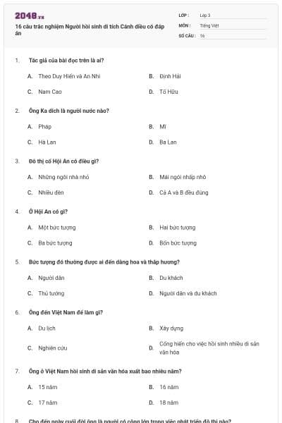 16 câu trắc nghiệm Người hồi sinh di tích Cánh diều có đáp án