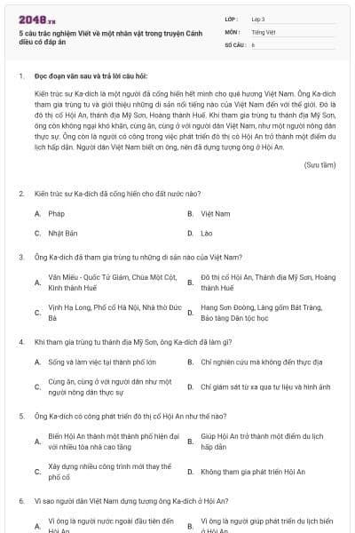 5 câu trắc nghiệm Viết về một nhân vật trong truyện Cánh diều có đáp án