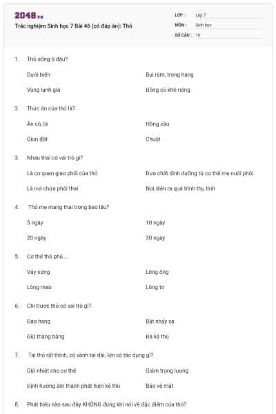 Trắc nghiệm Sinh học 7 Bài 46 (có đáp án): Thỏ