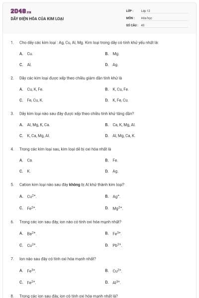DÃY ĐIỆN HÓA CỦA KIM LOẠI