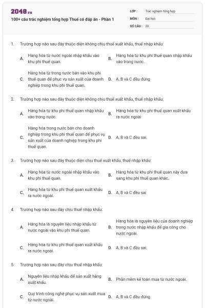 100+ câu trắc nghiệm tổng hợp Thuế có đáp án - Phần 1