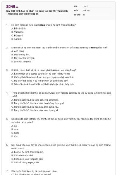 Giải SBT Sinh học 12 Chân trời sáng tạo Bài 26: Thực hành: Thiết kế hệ sinh thái có đáp án