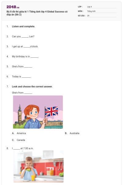 Bộ 8 đề thi giữa kì 1 Tiếng Anh lớp 4 Global Success có đáp án (Đề 2)