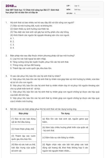 Giải SBT Sinh học 12 Chân trời sáng tạo Bài 27: Sinh thái học phục hồi và bảo tồn có đáp án