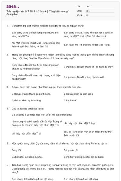 Trắc nghiệm Vật Lí 7 Bài 8 (có đáp án): Tổng kết chương 1: Quang học