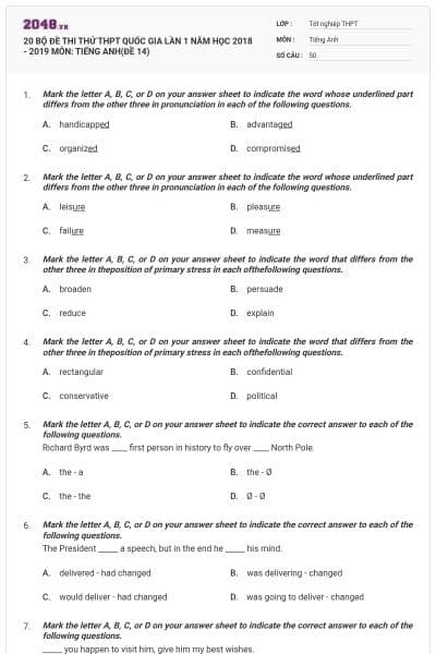 20 BỘ ĐỀ THI THỬ THPT QUỐC GIA LẦN 1 NĂM HỌC 2018 - 2019 MÔN: TIẾNG ANH(ĐỀ 14)
