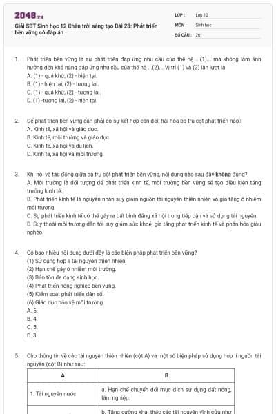 Giải SBT Sinh học 12 Chân trời sáng tạo Bài 28: Phát triển bền vững có đáp án