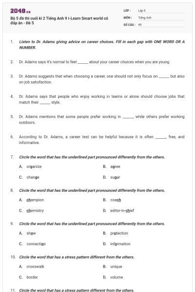 Bộ 5 đề thi cuối kì 2 Tiếng Anh 9 i-Learn Smart world có đáp án - Đề 5