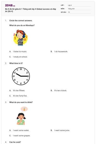 Bộ 8 đề thi giữa kì 1 Tiếng anh lớp 4 Global success có đáp án (Đề 4)