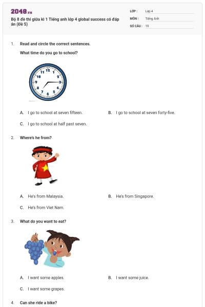 Bộ 8 đề thi giữa kì 1 Tiếng anh lớp 4 global success có đáp án (Đề 5)