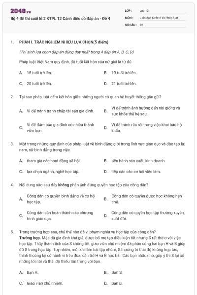 Bộ 4 đề thi cuối kì 2 KTPL 12 Cánh diều có đáp án - Đề 4