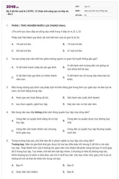 Bộ 4 đề thi cuối kì 2 KTPL 12 Chân trời sáng tạo có đáp án - Đề 2